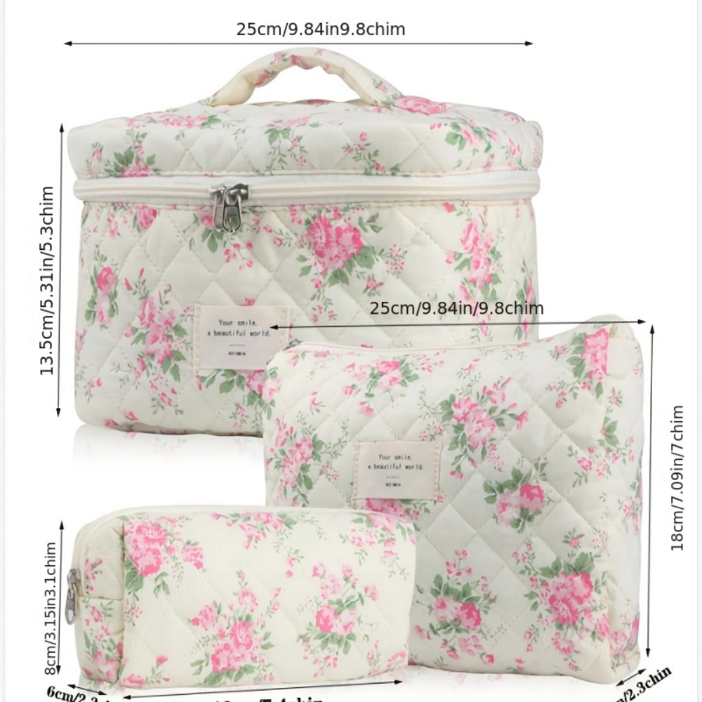 Quilted Makeup Bag Set 3 Pcs Floral Pattern Large Capacity Travel Cosmetic Organizer with Gold Zipper – Polyester Skincare To