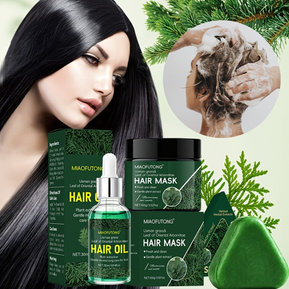 Three-Piece Usman Grass Hair Care Kit with 120g Triangular Shampoo Bar, Oil and Mask Formats — image 6