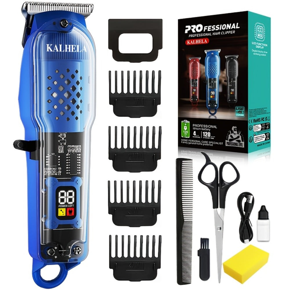 Transparent Electric Hair Clipper with Digital Display, Four Guide Combs, Grooming Tools and Red, Black or Blue Finish — imag