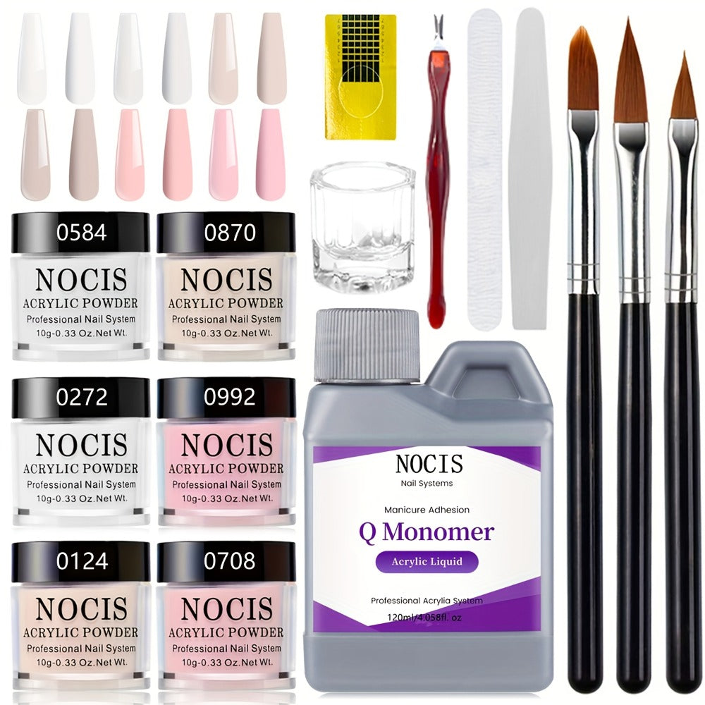 Six-Color Acrylic Nail Powder Set with Monomer Bottle and Application Tool Assortment in Three Set Codes — image 1