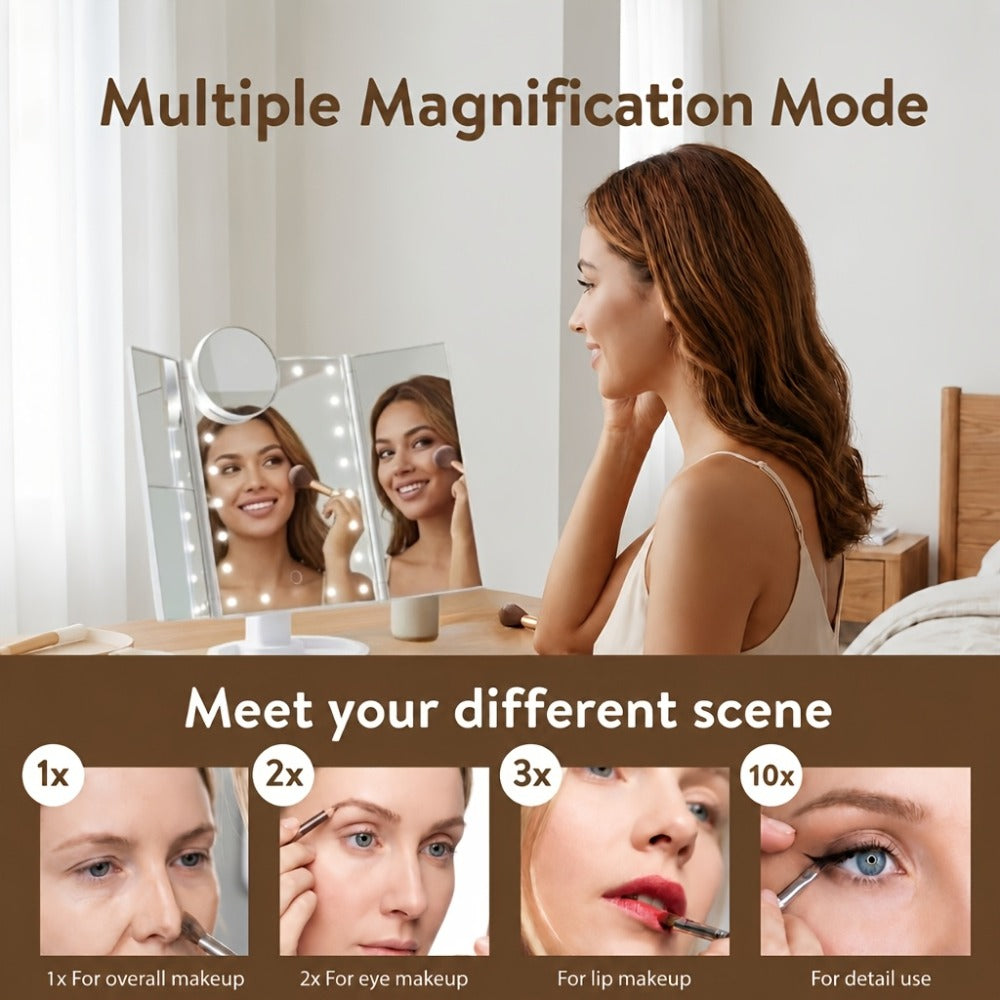 Vanity Mirror with Lights Tri-Fold 21 LED Lighted Makeup Mirror Touch Control 1X 2X 3X 10X Magnification 360 Rotation Dual Po