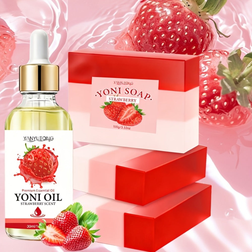 Strawberry Yoni Bath Set 4pcs for Women – Scented Yoni Oil & Soap Feminine Hygiene Kit pH Balance Odor Control Moisturizing I