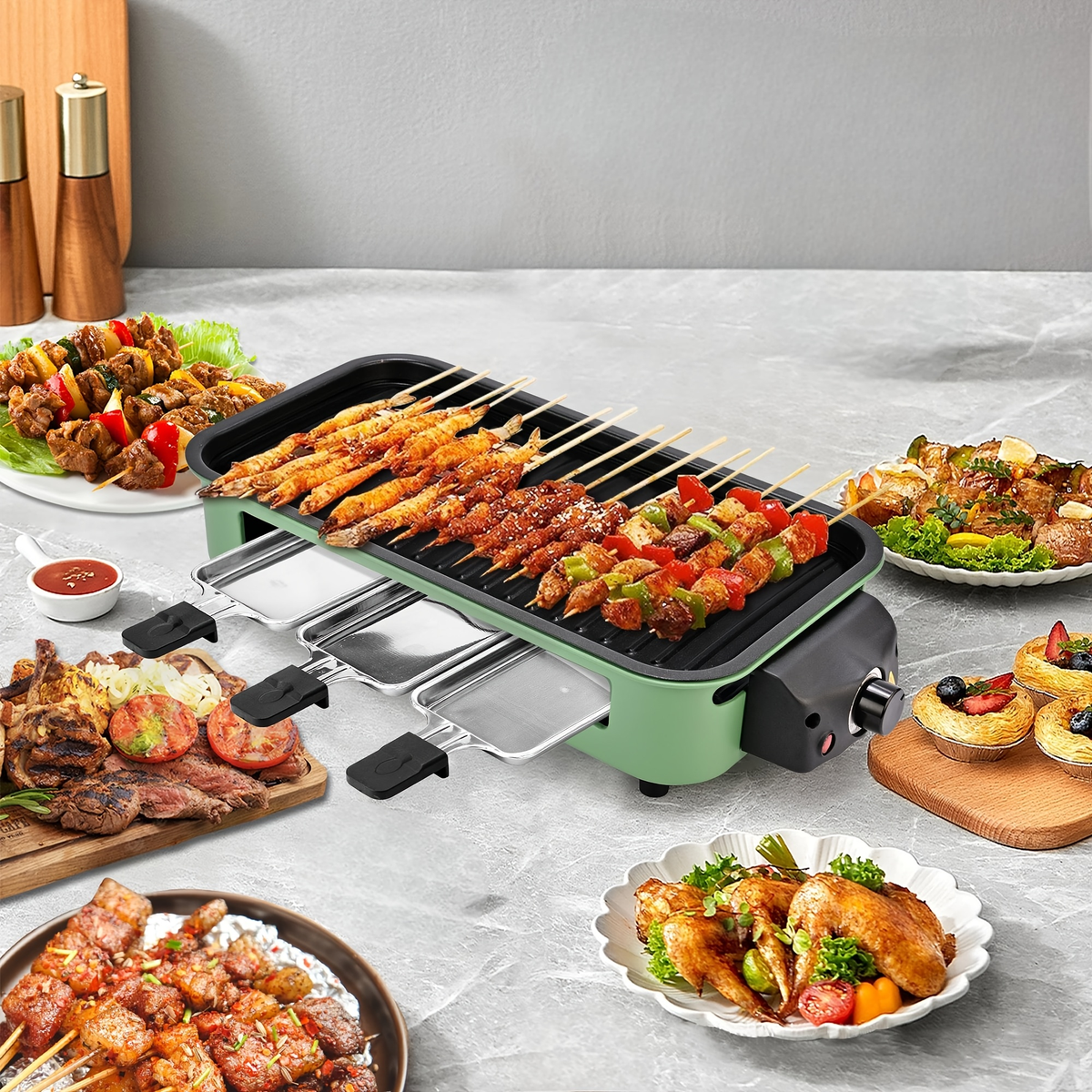 Indoor Electric Smokeless Grill 1700W with Raclette Pans, Non-Stick Plate, Portable Tabletop BBQ Griddle for Couples — image 
