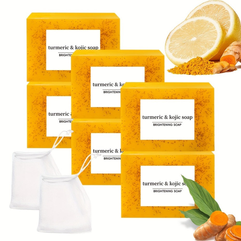 Handmade Turmeric Lemon Soap Bar Set Natural Exfoliating Face Body Cleansing Oil Control Alcohol Free with Lathering Screens 