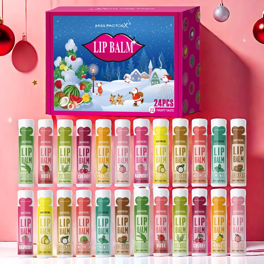 Lip Balm 24-Piece Holiday Gift Box with 12 Assorted Flavor Labels and Colorful Twist-Up Tubes — image 1