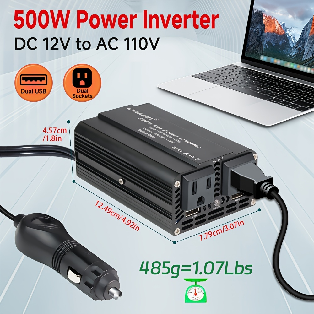 Black or Red 12V DC to 110V AC Power Inverter with 500W or 2500W Model Options, Display and USB Port — image 6