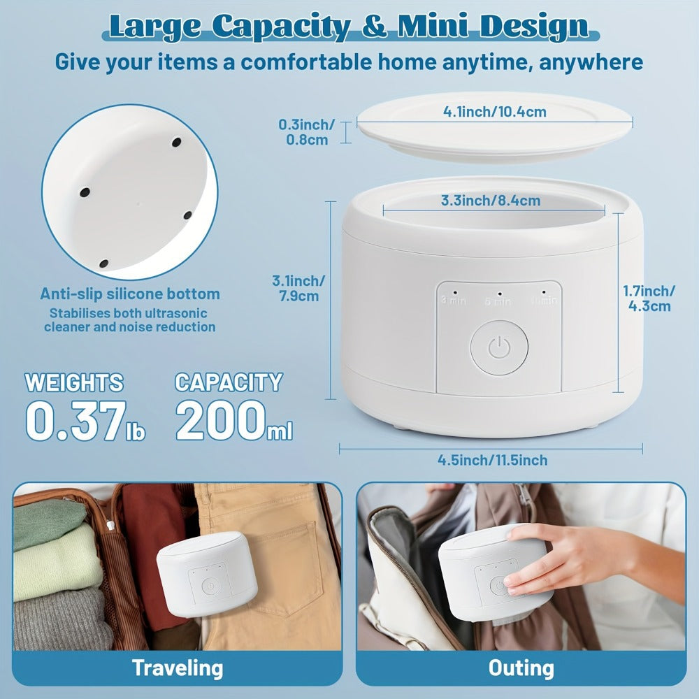 Electric Ultrasonic Cleaner Machine for Dentures Jewelry & Glasses – USB Rechargeable 3 Speeds Auto Timer 180ml Tank One-Touc