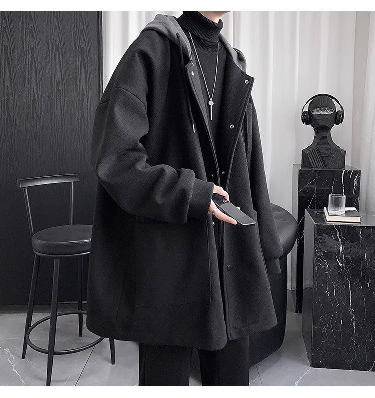 Quilted Hooded Jacket Mens Mid-Length Wool Coat