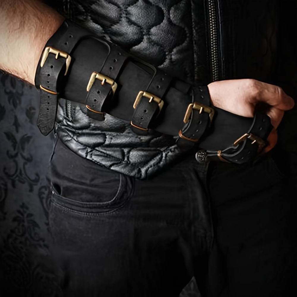 Embossed Fantasy Arm Bracer Pair in Brown with Buckle Straps for Medieval and Archer Costumes — image 6