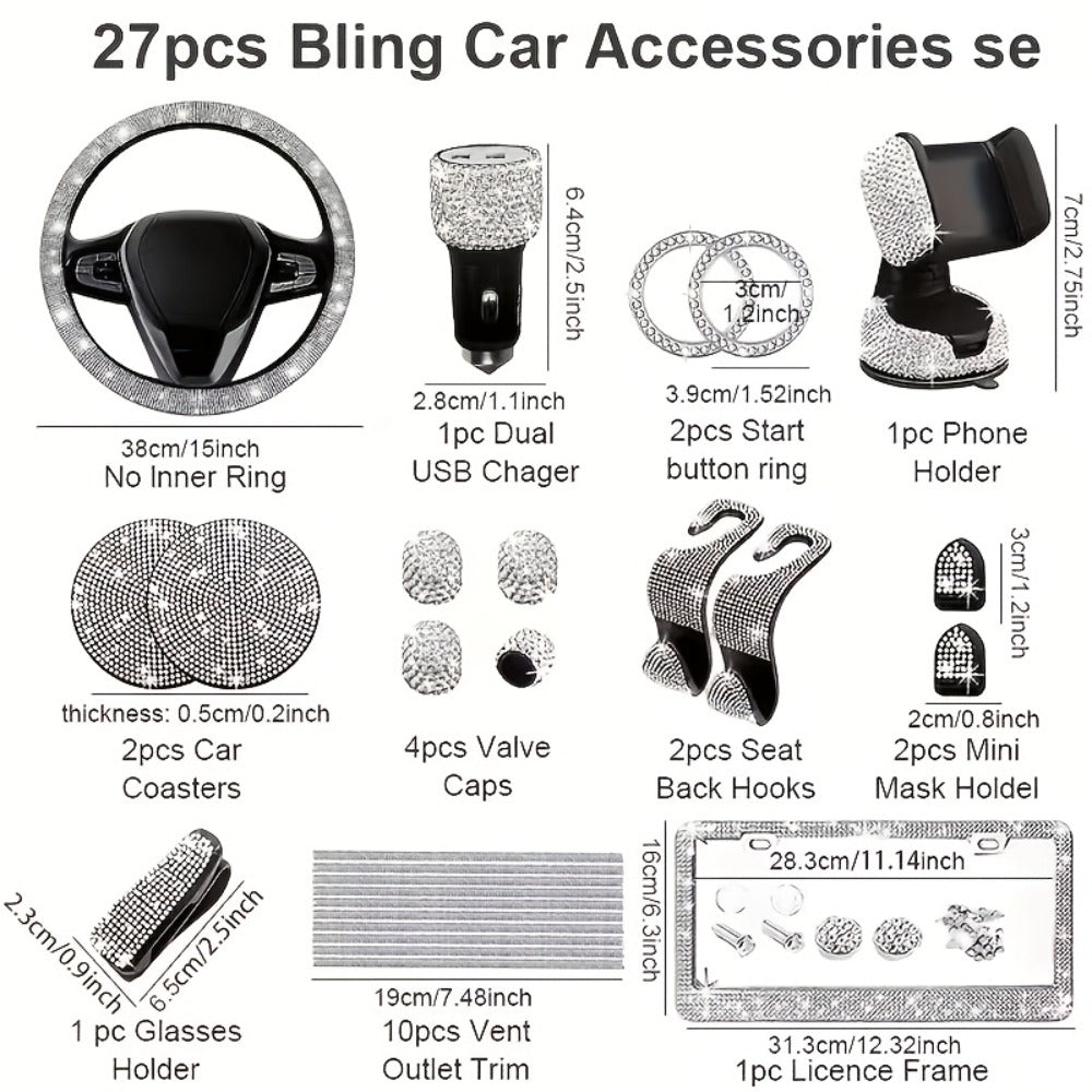 27pcs Bling Car Accessories Set for Women – Steering Wheel Cover 15", Car Coasters, License Plate Frame & Phone Holder — imag
