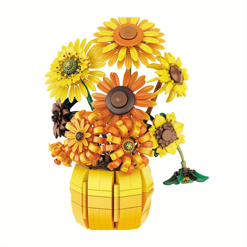 Sunflower Bouquet Building Blocks Set with 1009-Piece Checkout Label, Adjustable Petals and Yellow Vase Display — image 3