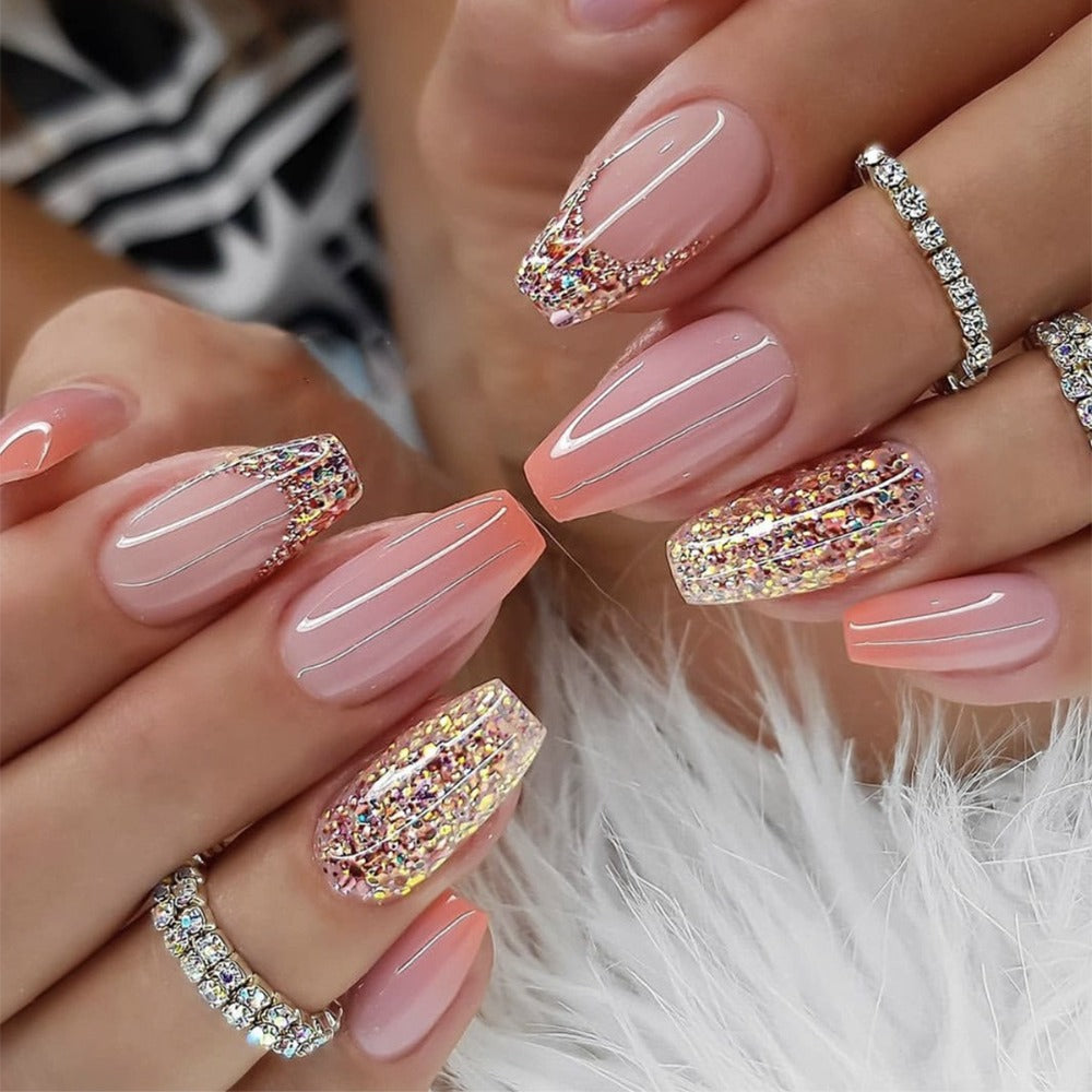 Press On Nails 120-Piece Medium Coffin Five-Pack Pinkish Purple Glitter Sequin Glossy Full-Cover Set — image 5
