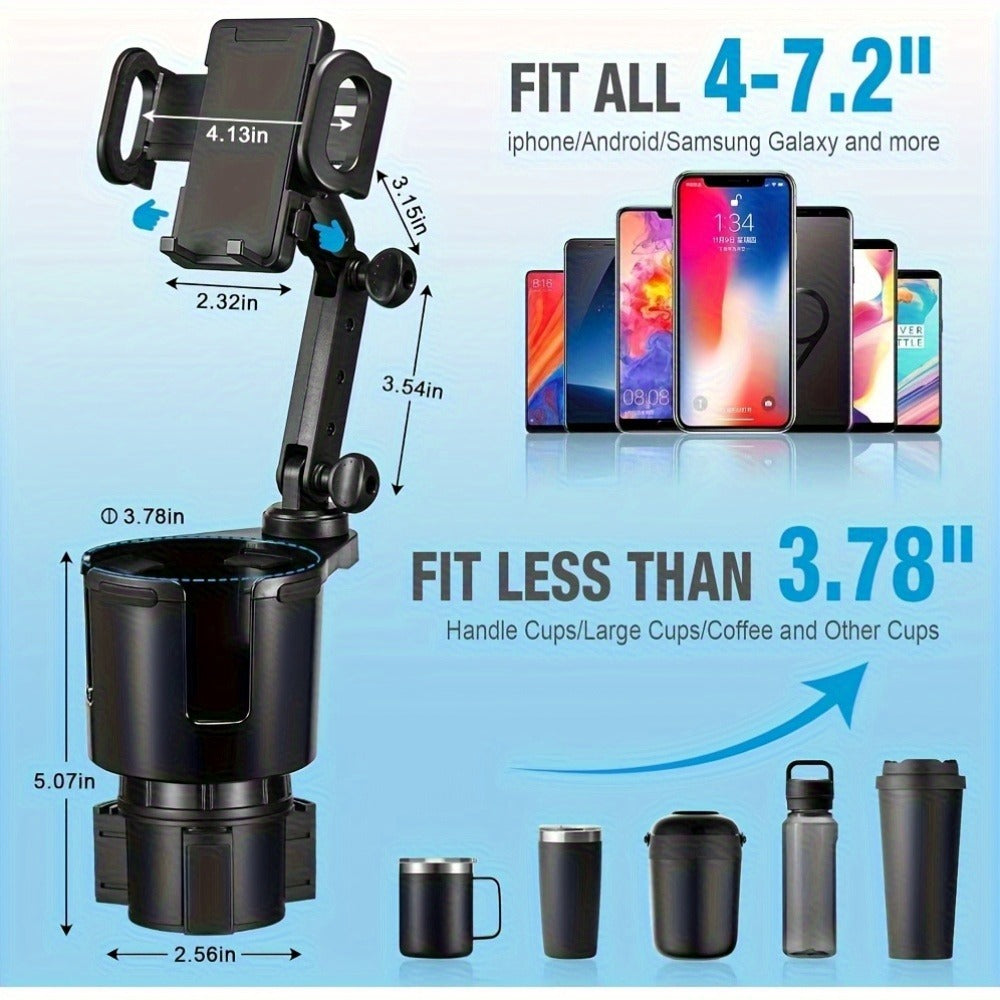 2-in-1 Car Phone Holder & Cup Holder Extender – Swivel Rotating Mount with Shock-Absorbing Trim, Universal for Cars, SUVs & T