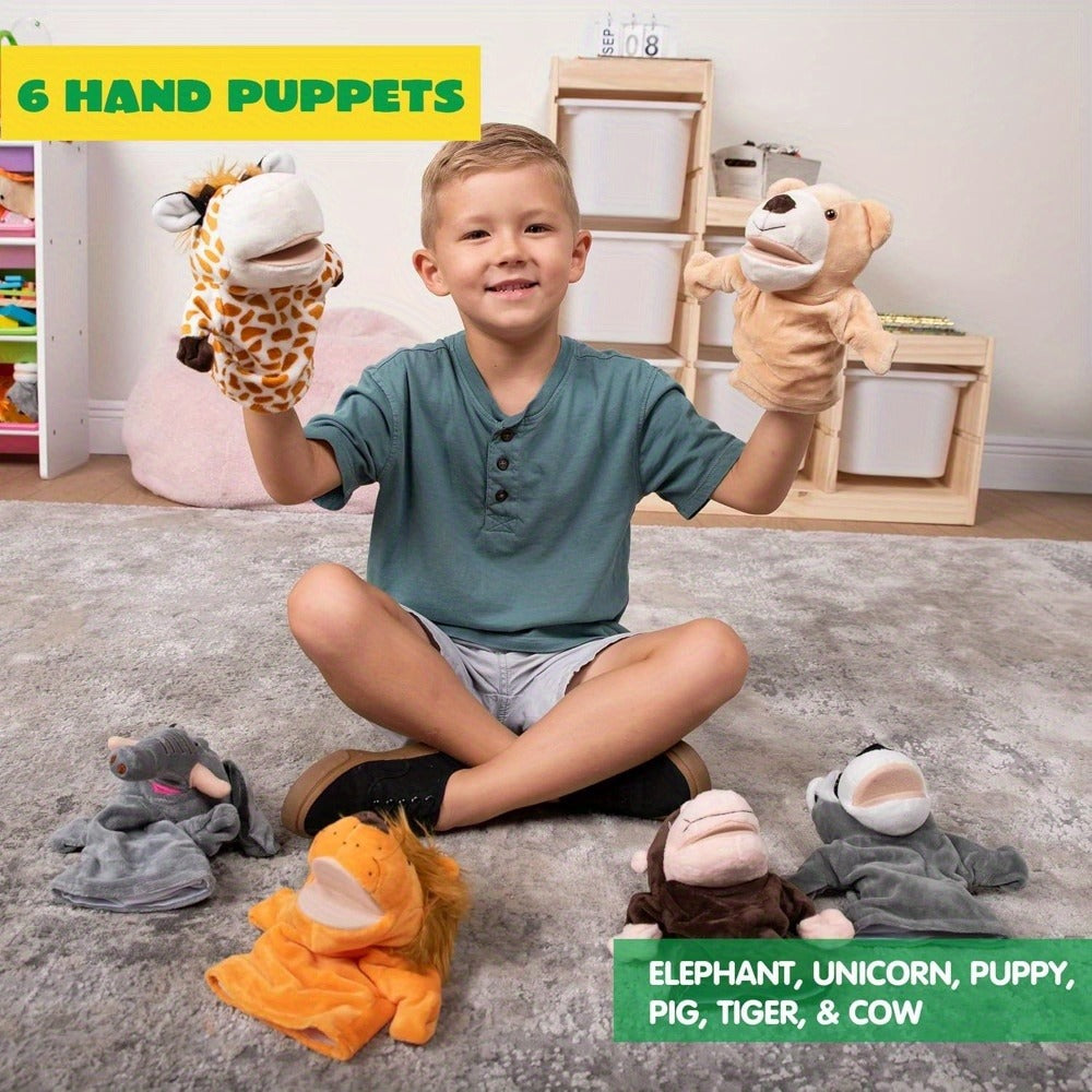 Six-Piece Zoo Animal Hand Puppet Set with Brown, Orange, Spotted and Gray Character Designs — image 6