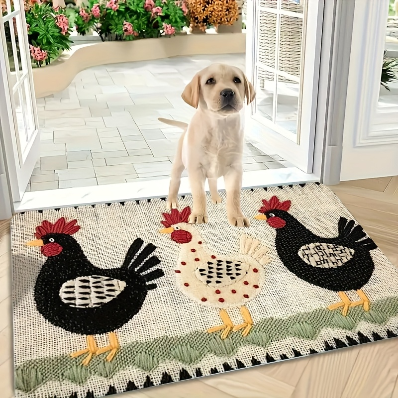 Rooster Print Door Mat with Light Striped Field and Fringed-Look Border in Three Rectangles or One Runner — image 10