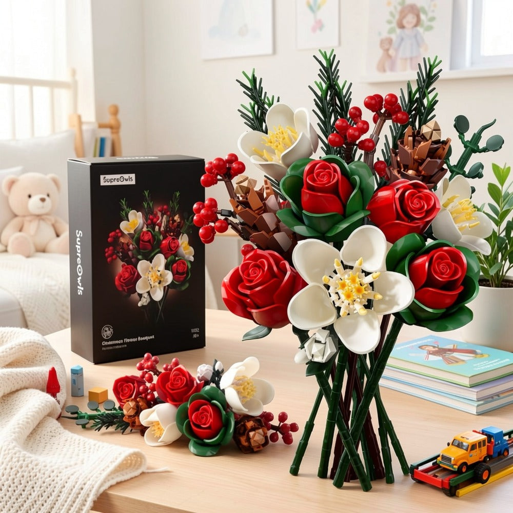 DIY Flower Bouquet Building Kit for Girls & Women – Rose & Lily Brick Set, Healing Series Desk Decoration, Buildable Artifici