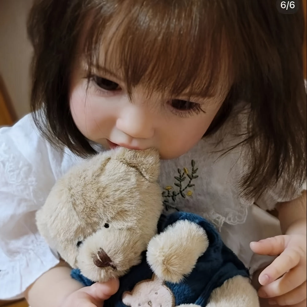 Reborn Baby Doll 24-Inch Cloth Body with Vinyl Limbs, Rooted Brown Hair, Open Eyes, Outfit and Feeding Accessories — image 3