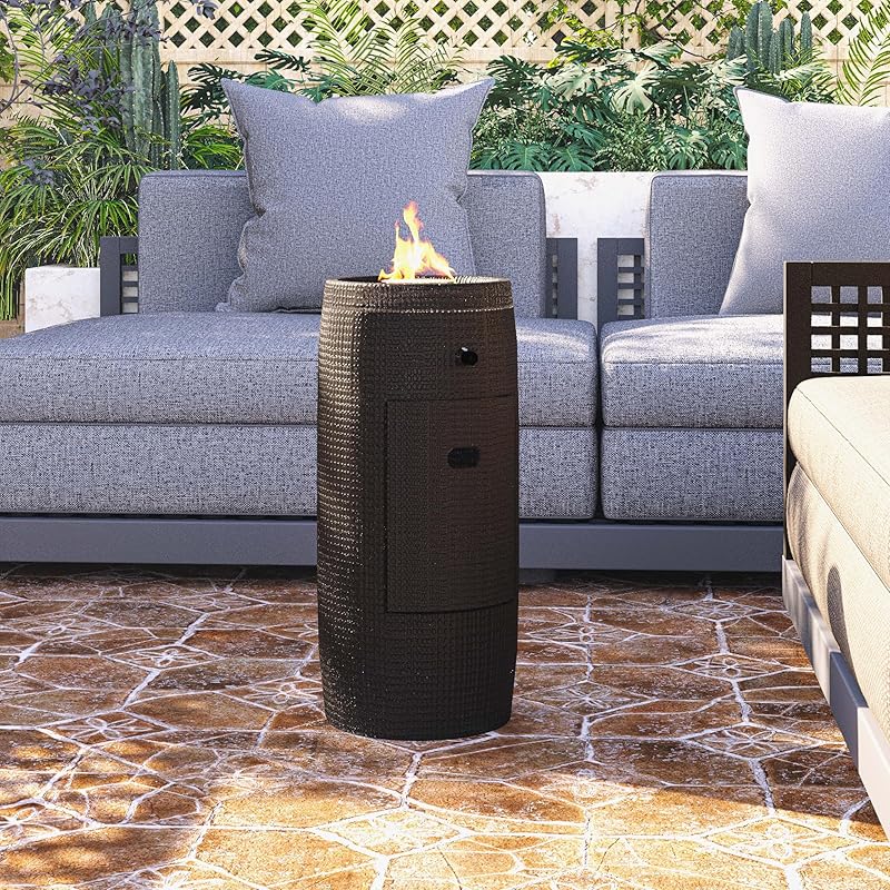 Propane Fire Pit Portable 11 Inch Outdoor 15000 BTU Self-Lighting Metal Concrete All-Weather Round Patio for Garden, Patio an