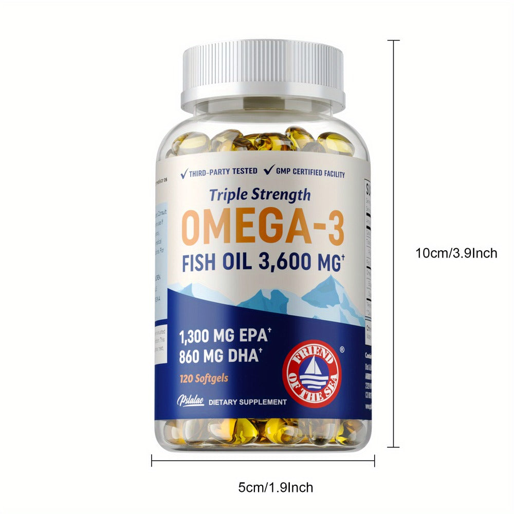 Triple Strength Omega 3 Fish Oil 120 Capsules with High EPA & DHA for Eye, Brain & Heart Health, Joint & Immune Support for M