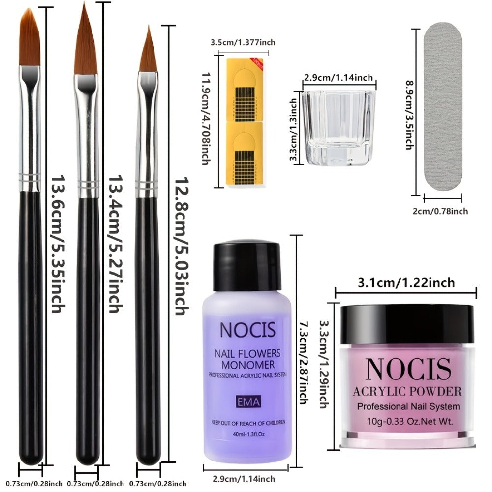 Acrylic Nail Kit NOCIS Four 10g Pink, Mauve and Glitter Powders with Liquid Monomer, Three Brushes and File — image 5