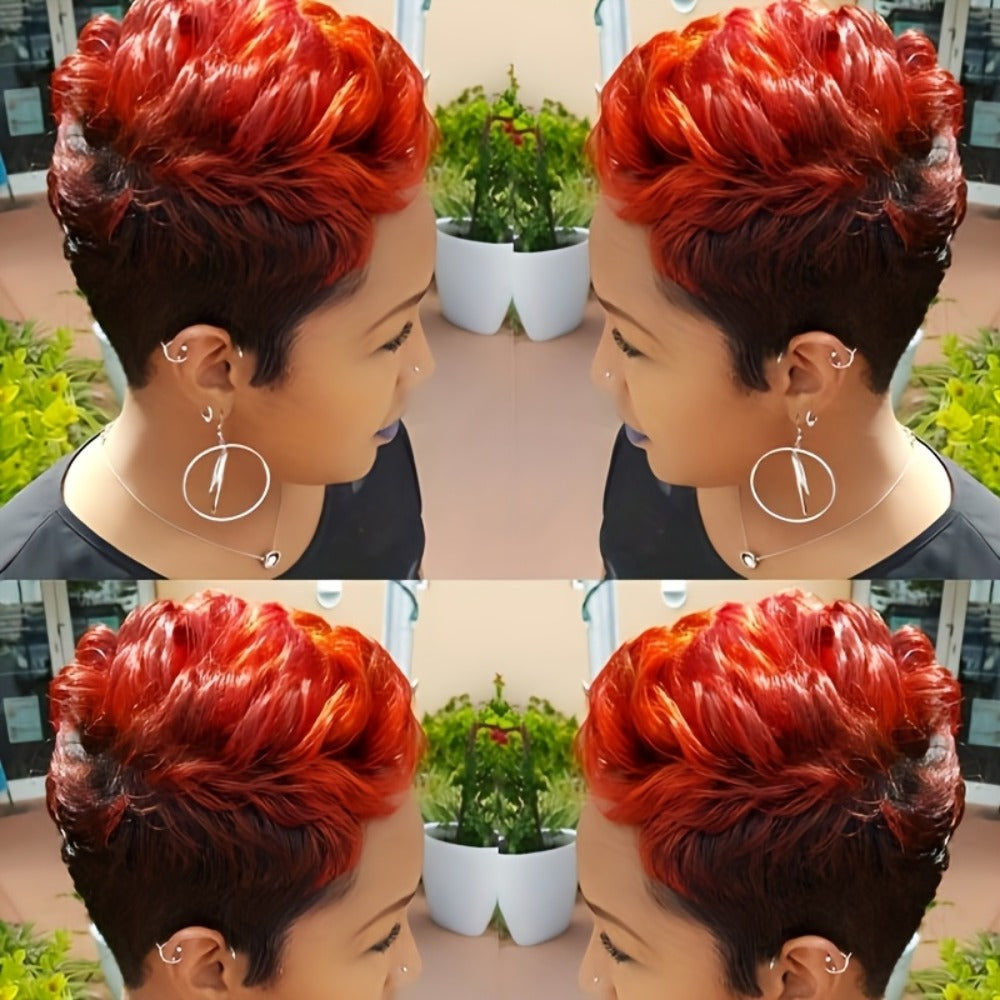 Synthetic Wig 6-Inch Curly-Wave Pixie Cut in Ombre Black-Burgundy with Rose Net Cap for Festivals — image 1