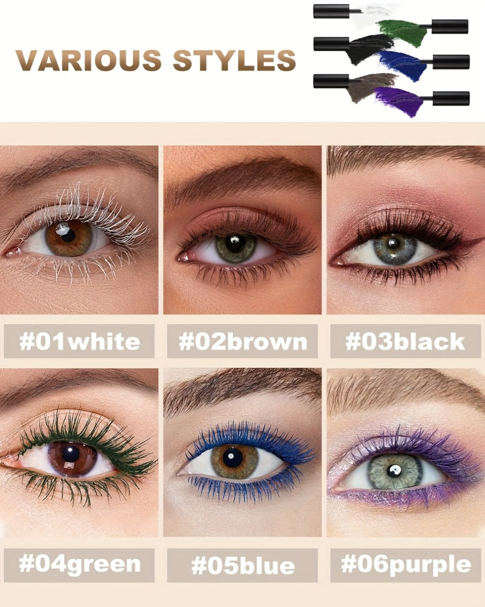 YTRUNS Colored Mascara in Six Shades from White and Brown to Black, Green, Blue or Purple with Curved Wands — image 17