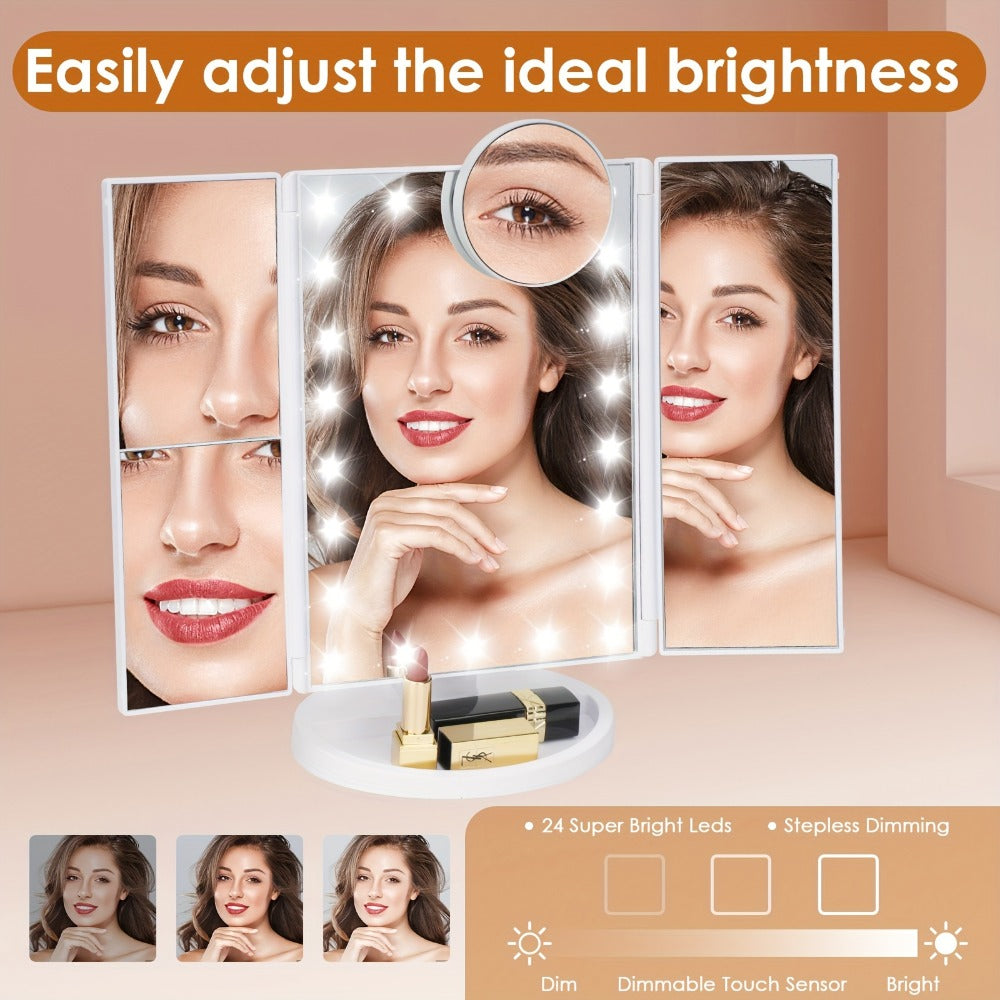 Trifold LED Vanity Mirror with 1X 2X 3X 10X Magnification Touch Screen Adjustable Brightness, for Makeup, Travel and Everyday