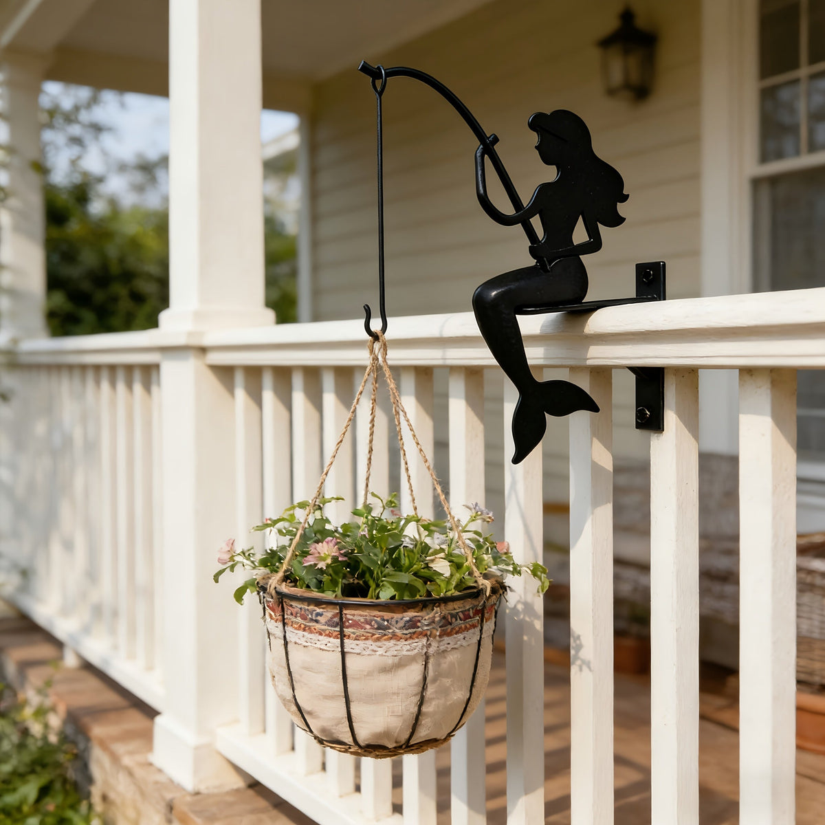 Wall Planter Hanging Iron Art Mermaid Flower Pot Holder for Balcony Vertical Garden – Creative Fisherman Theme Indoor Outdoor