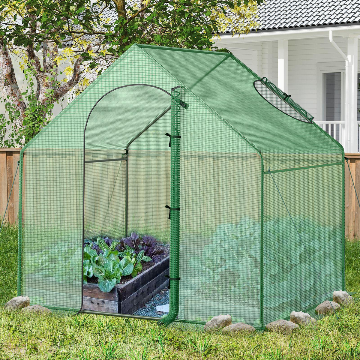 6 x 3 x 5.5-Foot Walk-In Greenhouse with Green Grid Cover, Roll-Up Door and Top Vent Window — image 8