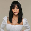 Synthetic Wig 16-Inch Black Straight Blunt Bob with Bangs, 180% Density and Rose Net Cap for Office Wear — image 1