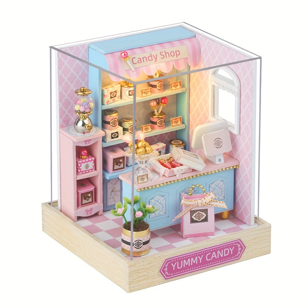 DIY Miniature Shop Dollhouse Kit with Dust Cover, Wooden Mini Store Assembly Set, 4 Themes Sakura Noodles Candy Atelier Coffe