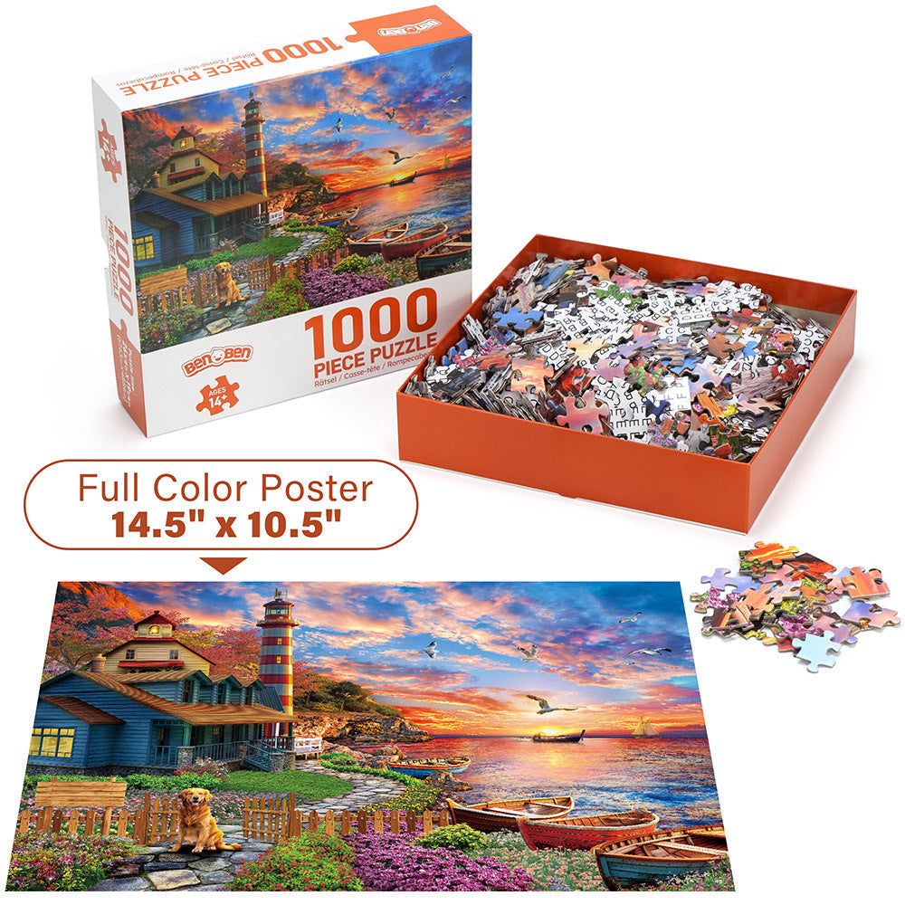1000 Piece Jigsaw Puzzles for Adults 3 Pack – Sunset Lighthouse, Bird Crochet & Moroccan Pottery Set, Precision-Cut Brain Tea