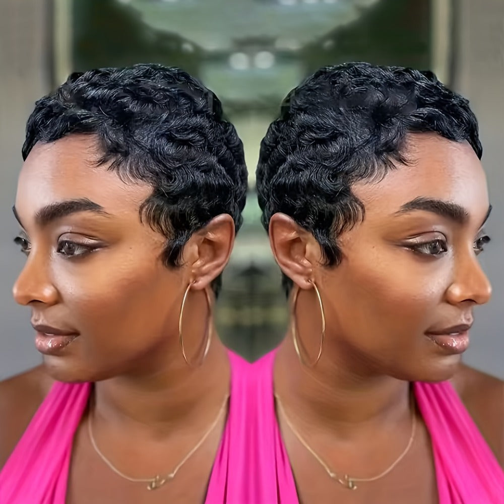 Deep Wave Pixie-Cut Human Hair Wig with Bangs and Short Full Cap in a Black 4-Inch Hair Style — image 2