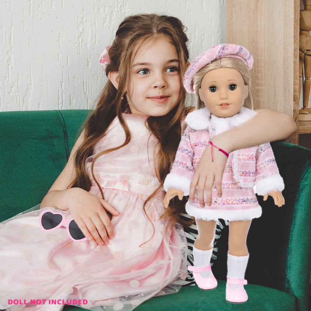 18 Inch Doll Knitted Clothes Outfit Set with Hat Jacket Skirt Shoes Socks Sunglasses Lipstick — image 6