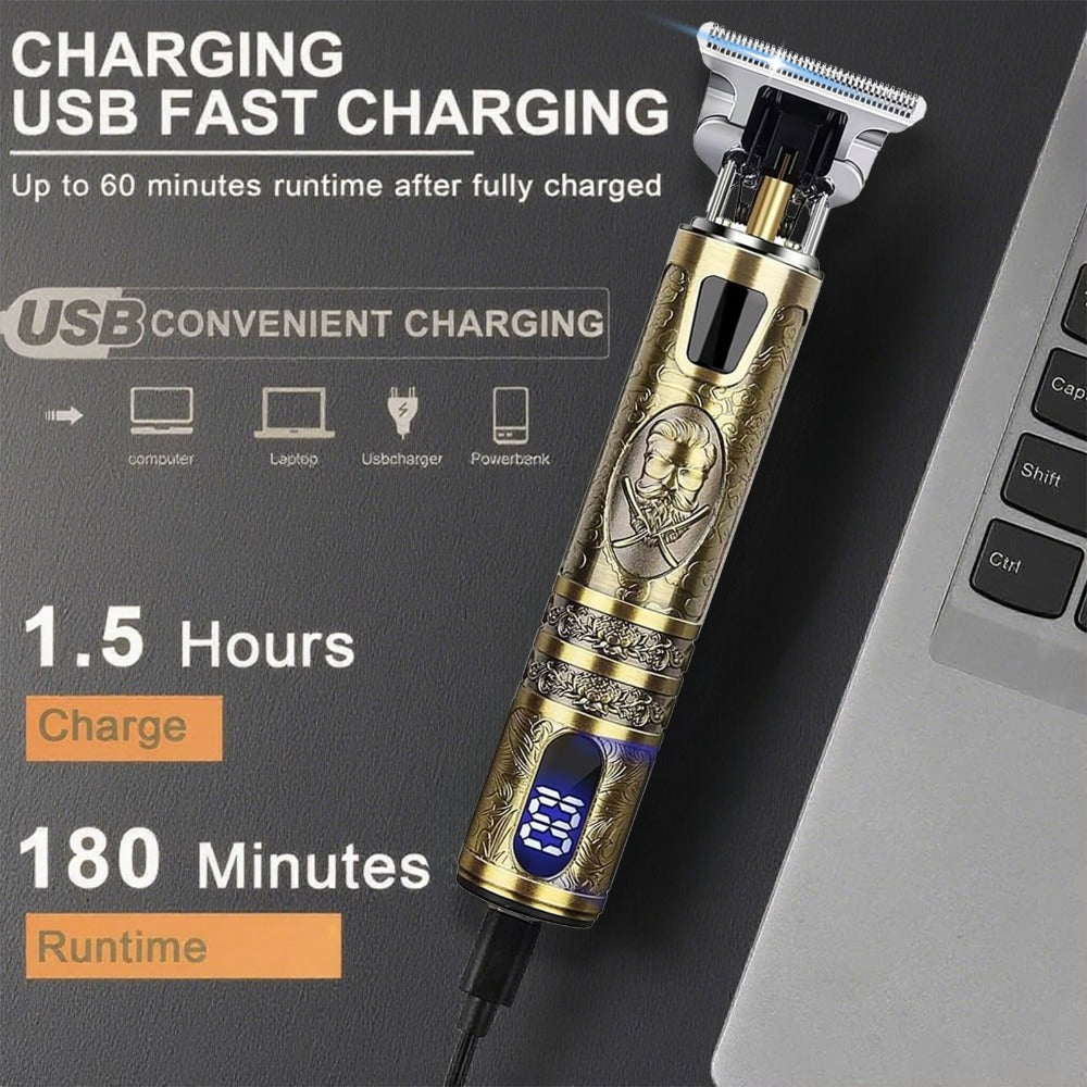 Hair Clippers & Trimmers Vintage Gold T-Blade Model with LCD Display, USB Charging and Three Etched Designs — image 4
