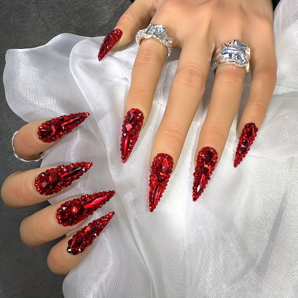 Press On Nails 10-Piece Long Water-Drop Set with Red Glass Glitter and Removable Self-Adhesive Gel Tabs — image 4