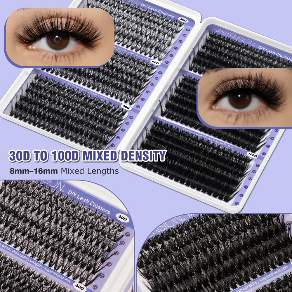 Premade Lash Clusters 708Pcs Mixed Length 30D 50D 80D 100D Wispy Volume Kit – Natural Fluffy DIY Lash Extensions with Bond Se
