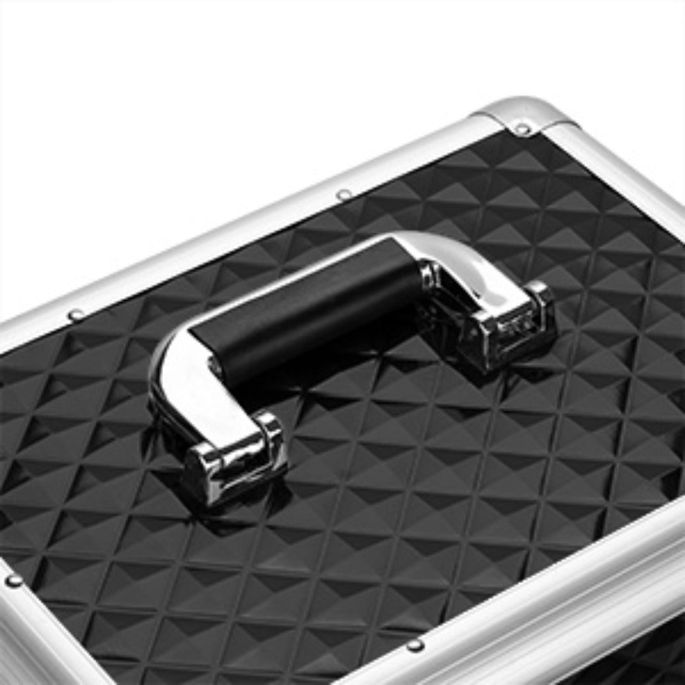 Black Rolling Makeup Train Case with Four Wheels, Telescoping Handle, Three Top Trays and Two Drawers — image 17