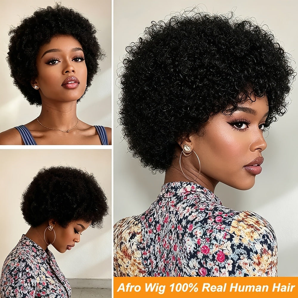 6-Inch Kinky Curly Afro Human Hair Wig with Glueless Cap and Deep Grey, Camel or Ginger Color — image 6