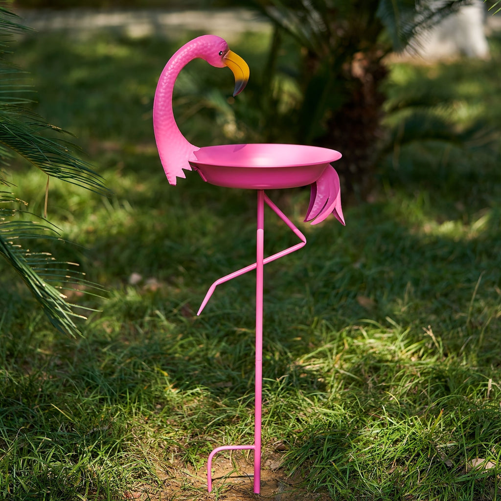 39.4-Inch Pink Flamingo Bird Bath with 12.6-Inch Bowl and Two-Prong Garden Stake for Lawn Decor — image 1