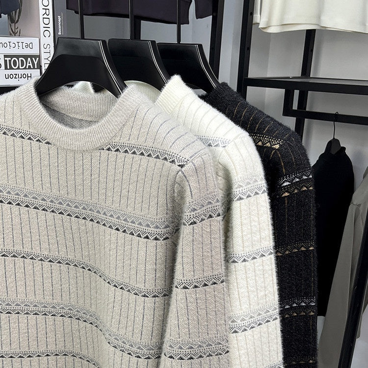 Mens Knitted Fleece-lined Thick Crew-neck Faux Mink Sweater