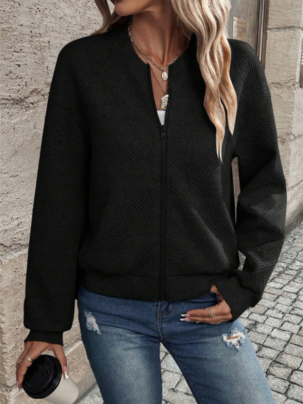 Solid Color Zipper Jacket Coat For Women