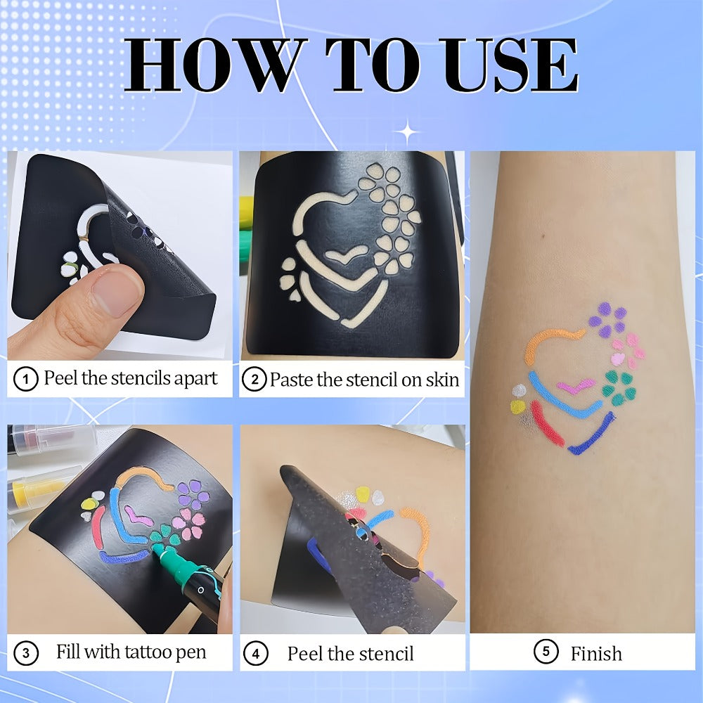 Double-Ended Tattoo Pen Set 10 Pcs with 114 Templates & Butterfly Stickers, Waterproof Sweat-Resistant DIY — image 6