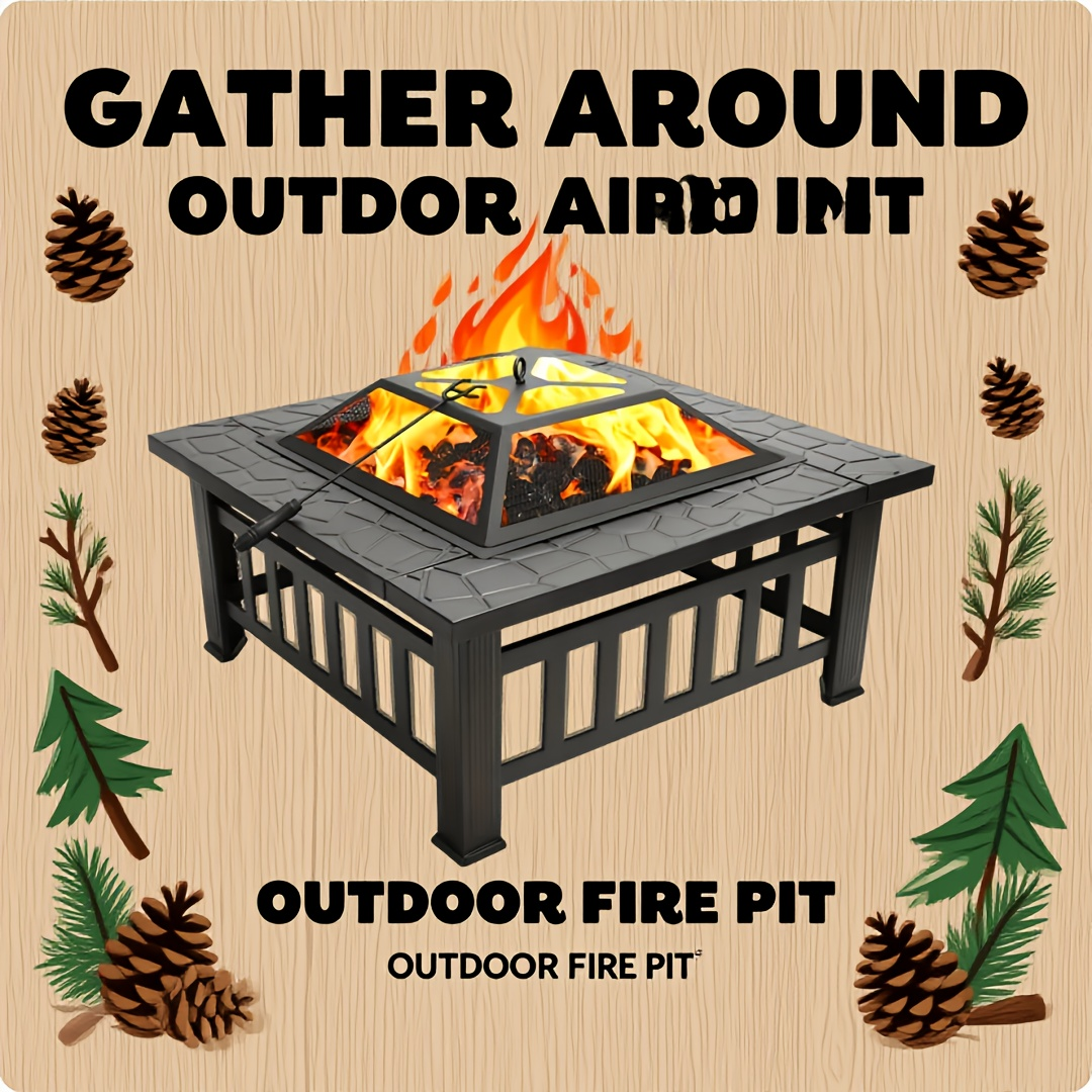 Black Square Fire Pit Table with Raised Mesh Cover, Perforated Side Panels and Wood-Burning Bowl — image 6