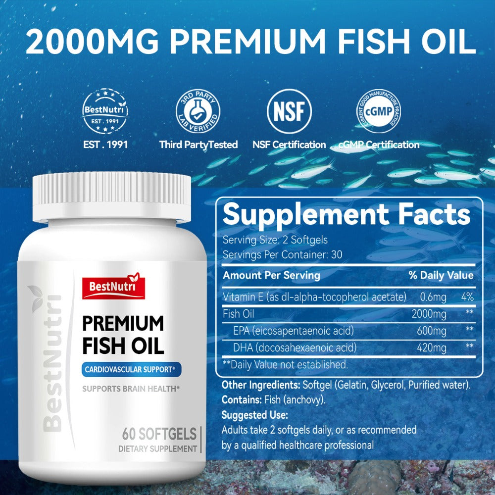Omega-3 Fish Oil 2000mg Softgels with EPA & DHA, Cold-Extracted CGMP, Brain Vitality Heart Health Anti-Inflammatory Support —
