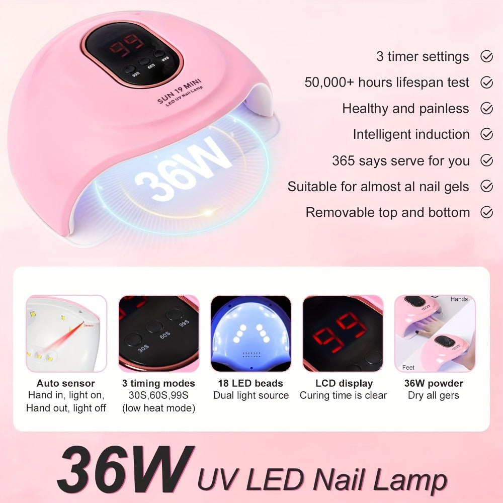 Acrylic Nail Kit with 36W UV LED Lamp, Electric Drill, Three Powders, Glitter Colors, Tips and Manicure Tools — image 2