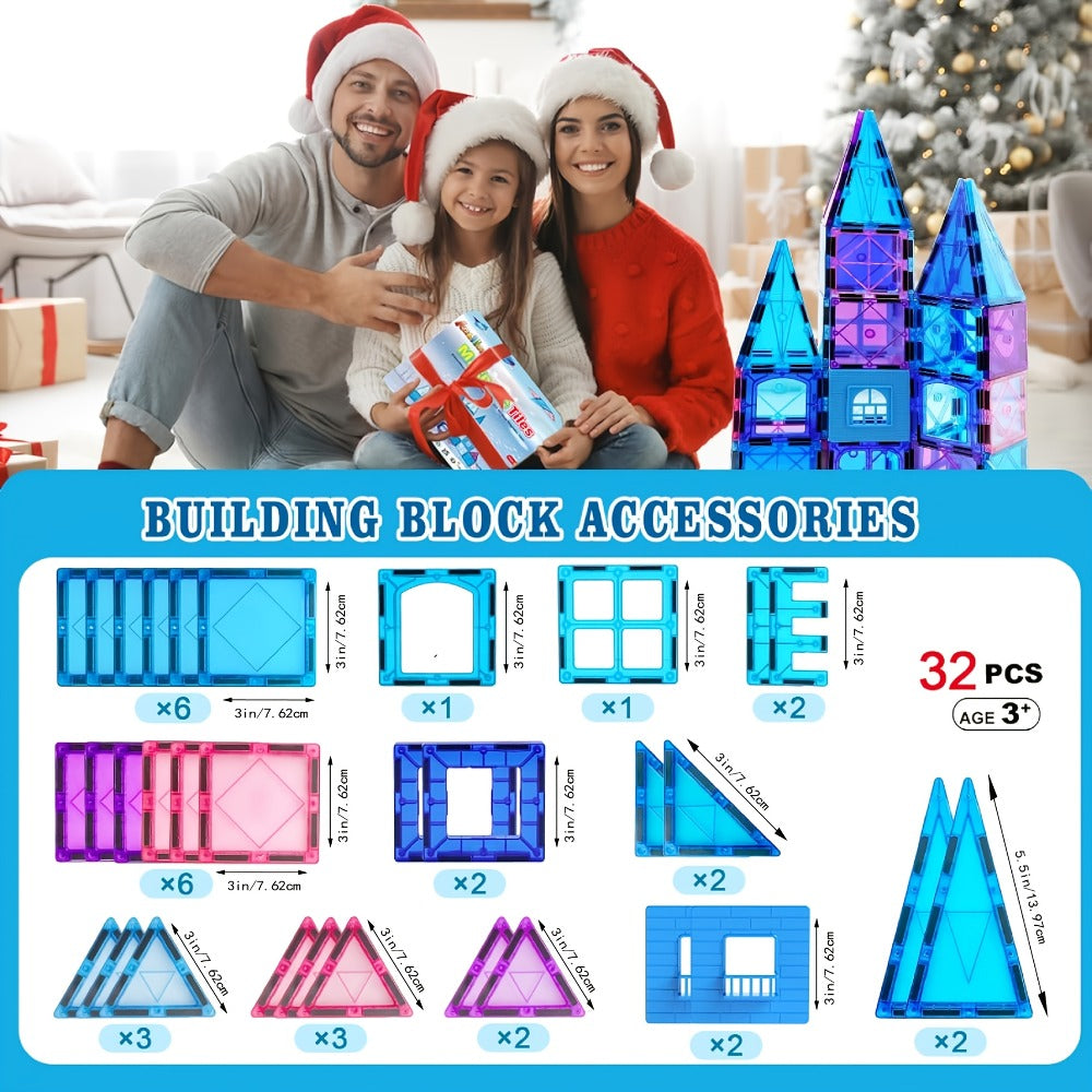 32-Piece Blue and Purple Magnetic Tile Castle Set with Squares, Triangles and Window Pieces — image 4