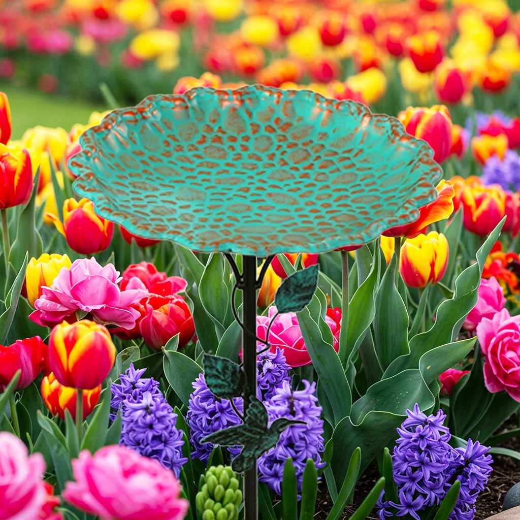 Green Sculpted Lotus-Leaf Bird Bath with 26 cm Bowl, 82 cm Ground Stake and Decorative Bird Perch — image 4