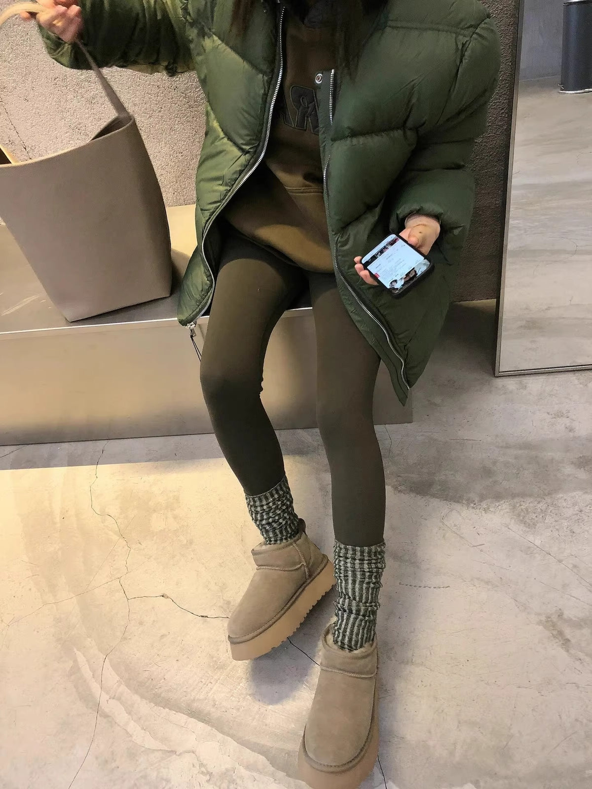 Warm Dark Green Collarless Cotton Coat Jacket Women