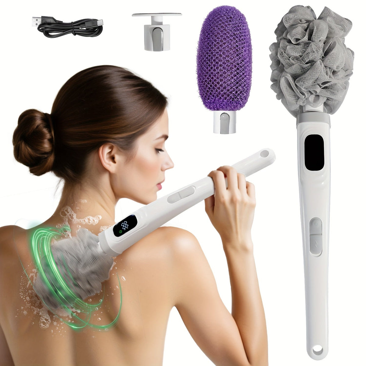 Electric Body Scrubber Brush 3 Replaceable Heads Dual Speed Shower Back Cleaner Exfoliating Skin Cleansing for Home or Salon 